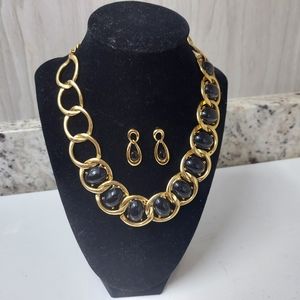 Chunky Black Gold-Tone Circle Link Necklace 19" Toggle Clasp Post Drop Earrings